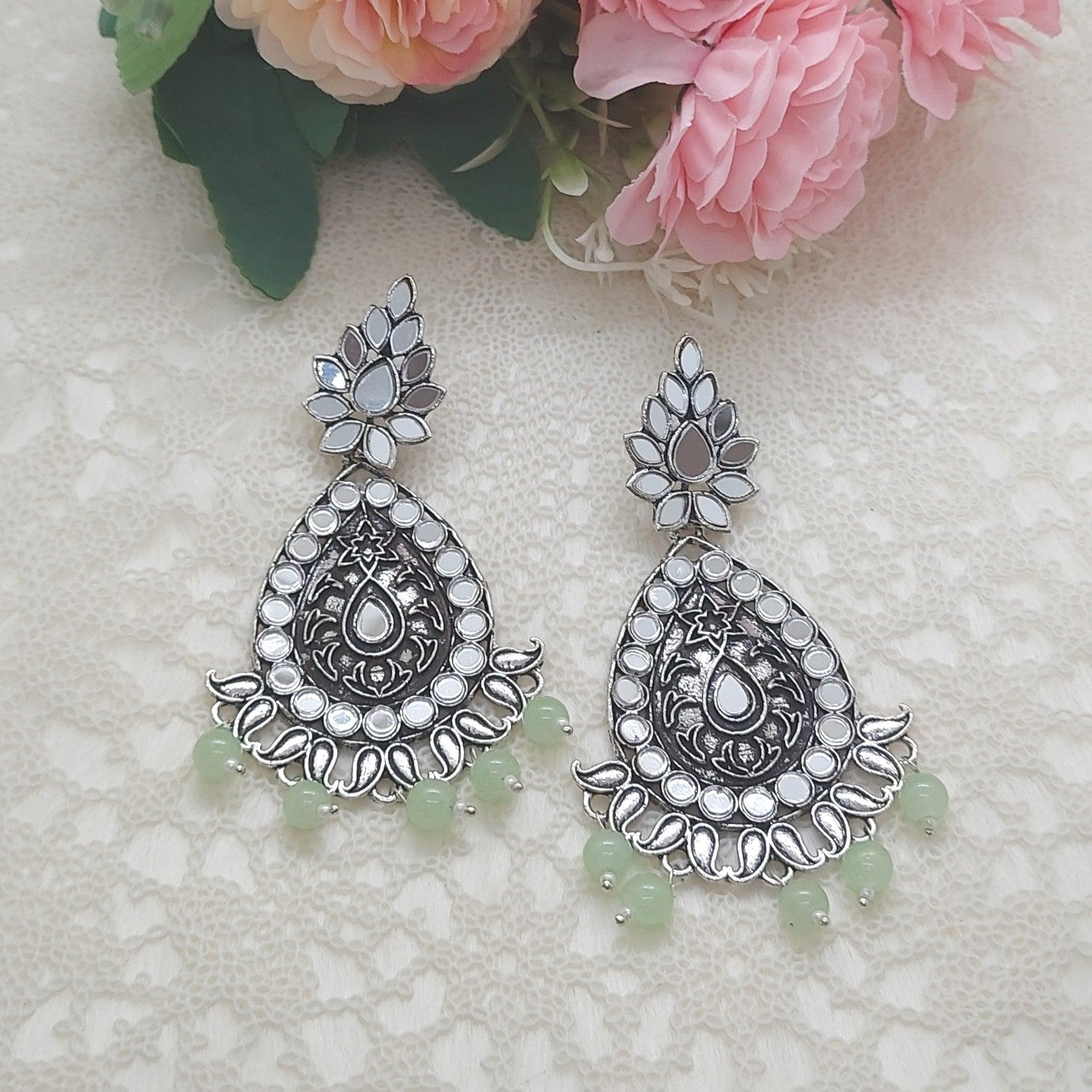 SHABHNAM- MINT GREEN OXIDISED MIRROR EARRINGS - beyouindia