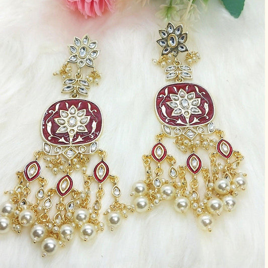 KAIYNAT- MAROON KUNDAN MEENA EARRINGS - beyouindia