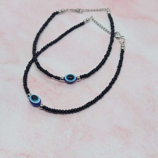 EVIL EYE- BLACK BEADED ANKLET PAIR - beyouindia