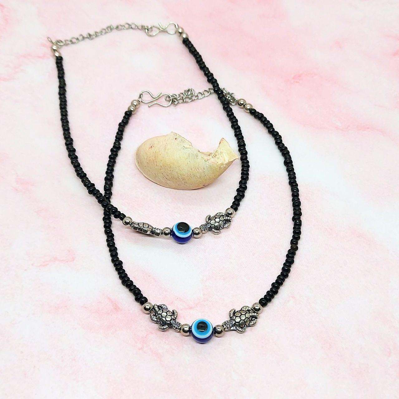 EVIL EYE- BLACK BEADED ANKLET PAIR - beyouindia