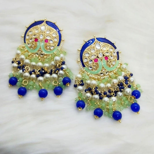 ROUND GOLDPLATED HANDMADE MEENA KUNDAN EARRINGS - beyouindia
