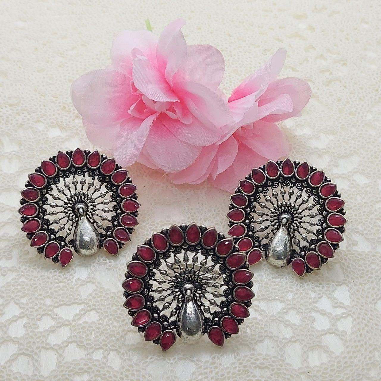 MAROON PEACOCK STUDS WITH RING - beyouindia