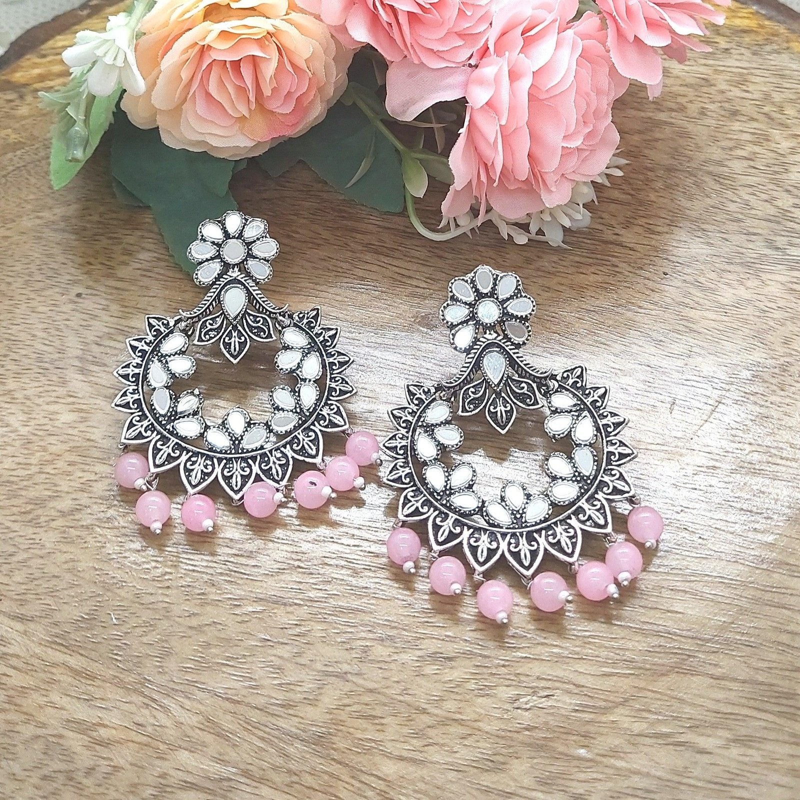 RAIMA-PINK MIRROR EARRINGS - beyouindia